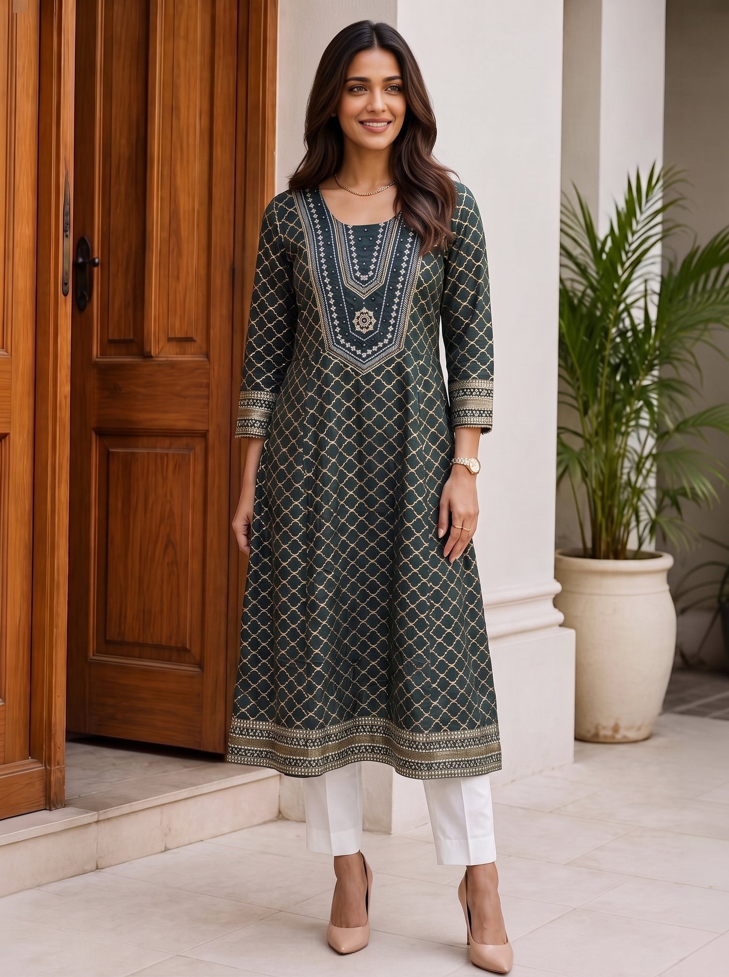 Buy Viscose Embroidered Flared Calf Length Kurta-Dark Green