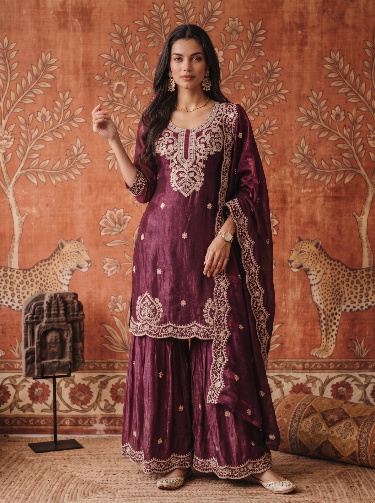 Buy Viscose Embroidered Straight Knee Length Kurta With Pant and Dupatta-Wine