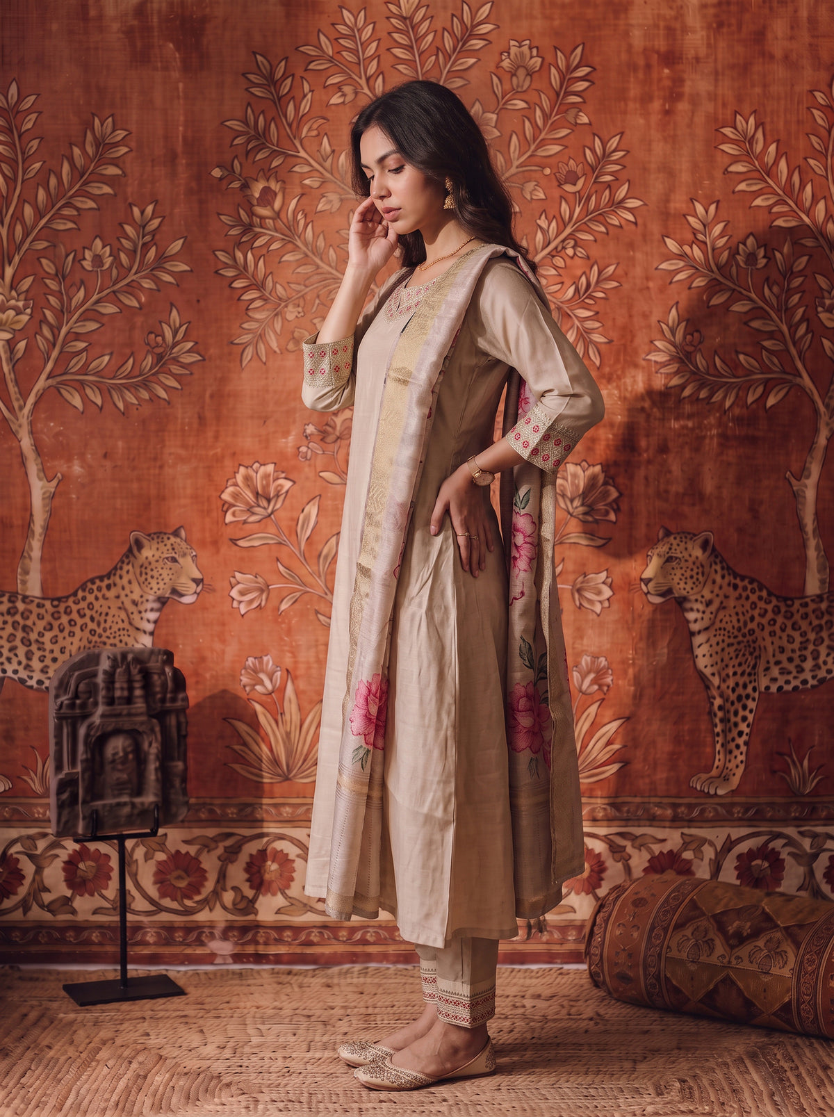 Viscose Embroidered Flared Calf Length Kurta With Pant and Dupatta