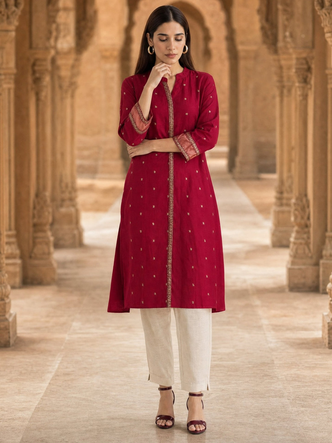 Buy Viscose Embroidered A-Line Calf Length Kurta-Red