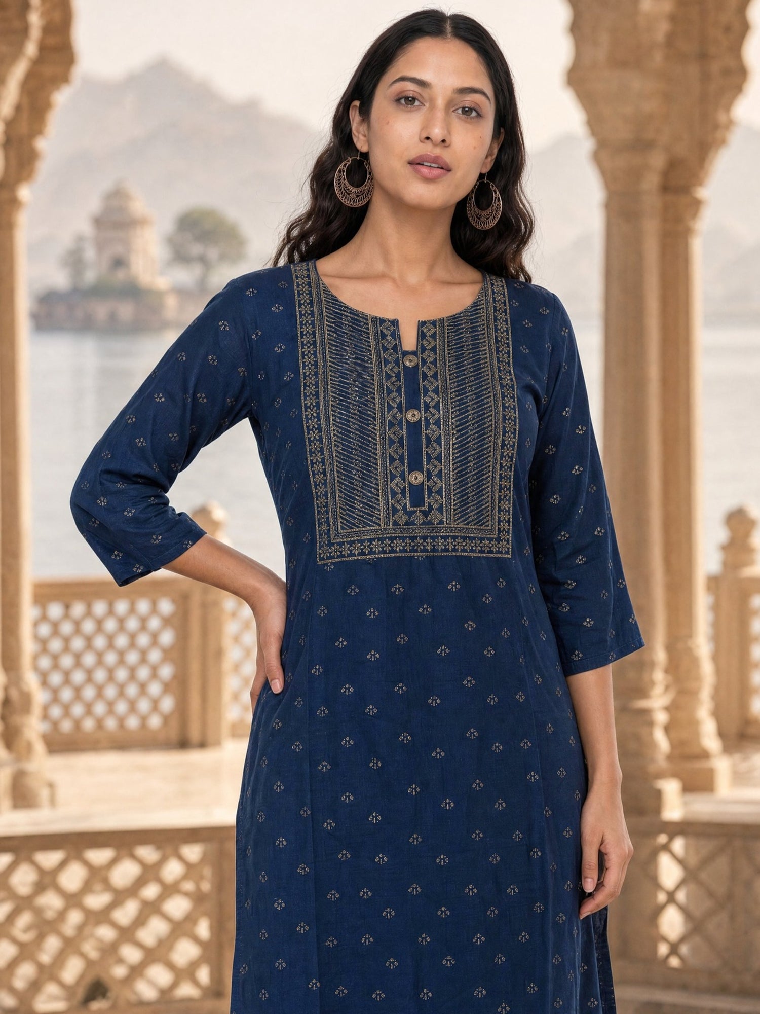 Buy Rayon Embroidered Straight Calf Length Kurta-Navy Blue