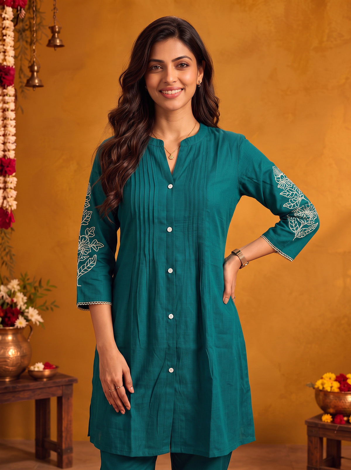 Viscose Embroidered Straight Thigh Length Kurta With Pant