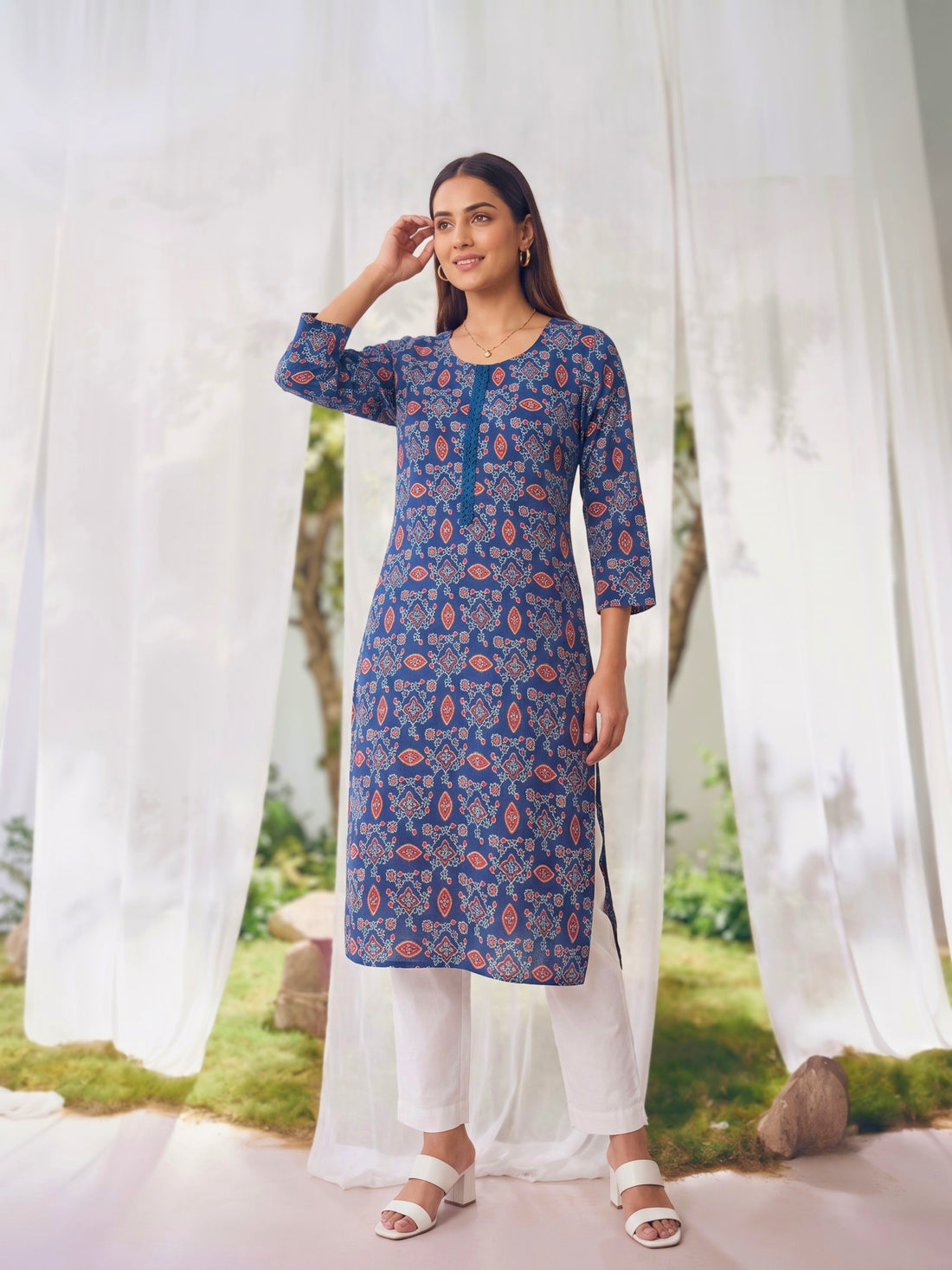 Buy Rayon Printed Straight Knee Length Kurta-Blue