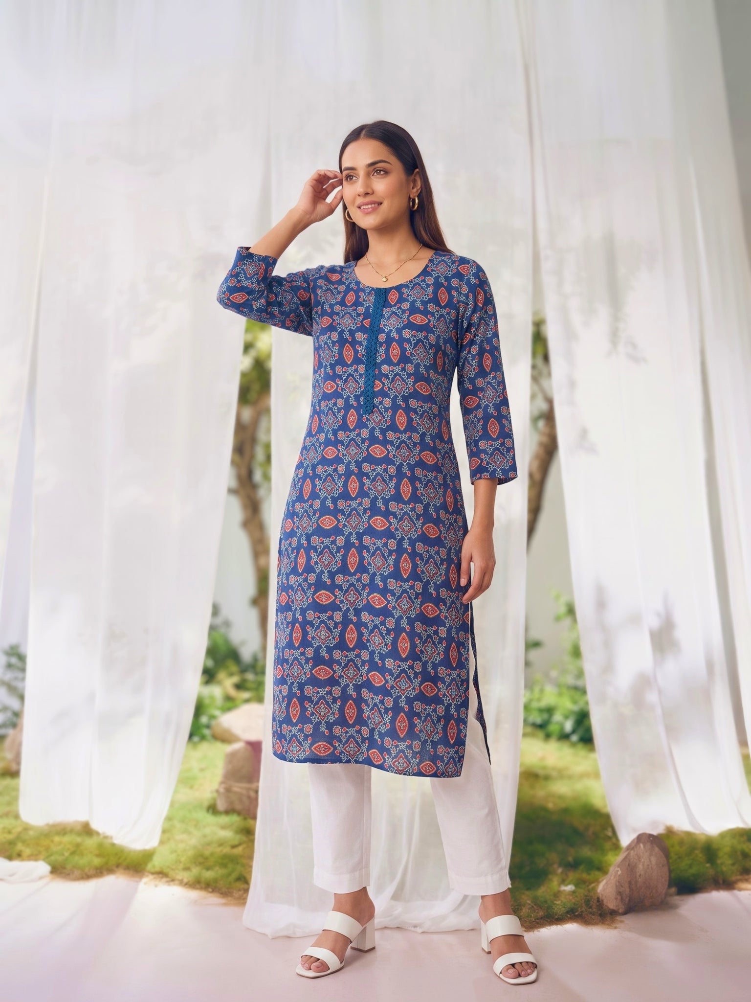 Rayon Printed Straight Knee Length Kurta