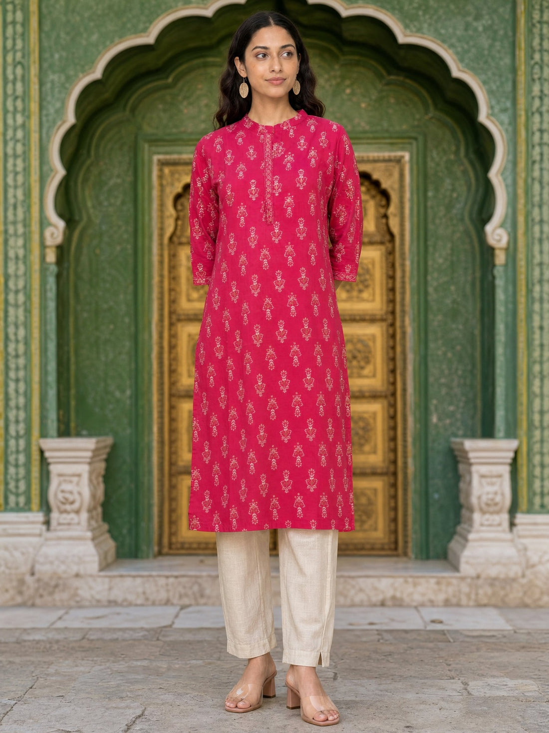 Buy Rayon Printed Straight Knee Length Kurta-Red