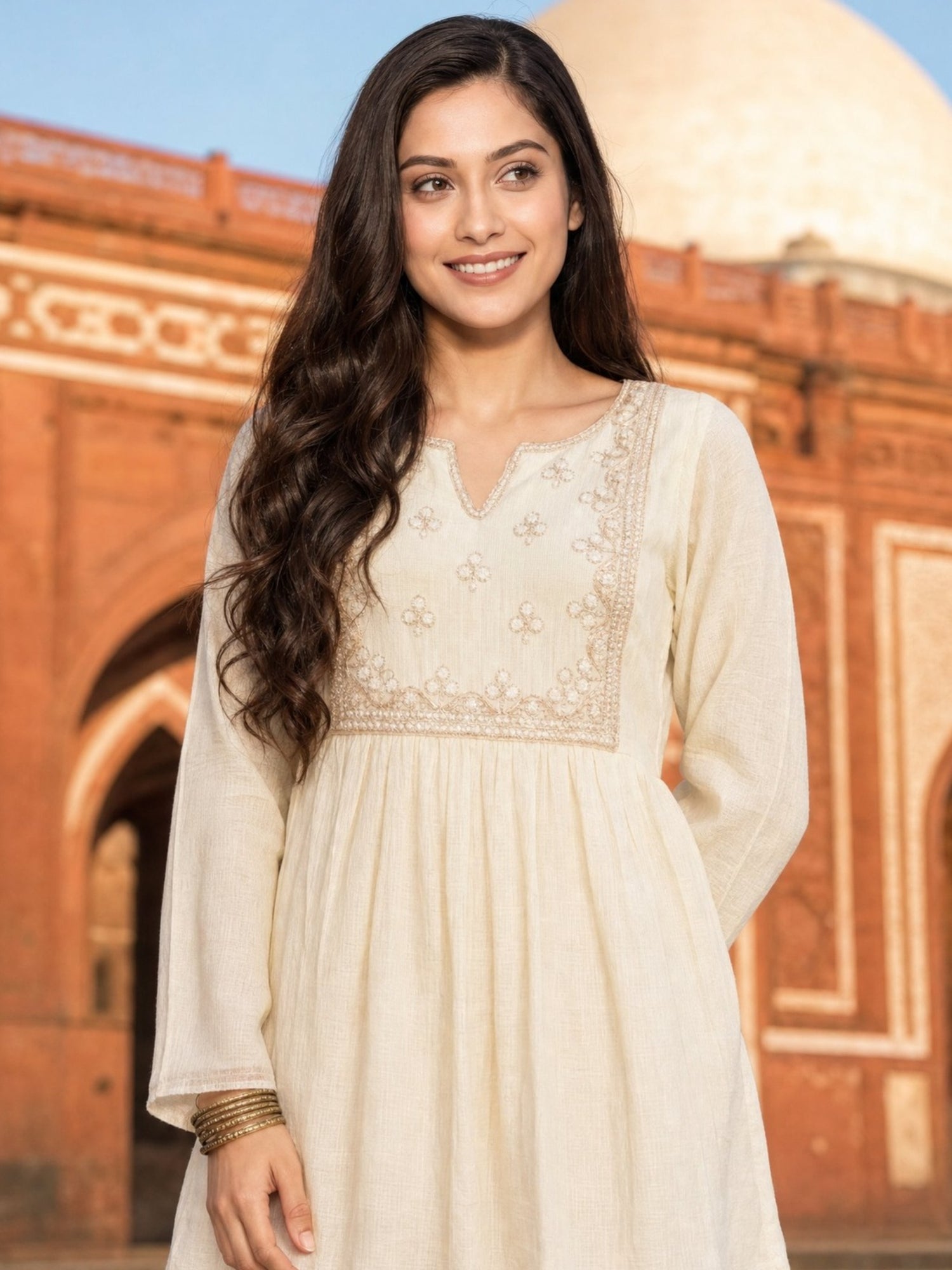 Buy Viscose Embroidered Flared Calf Length Dress-White