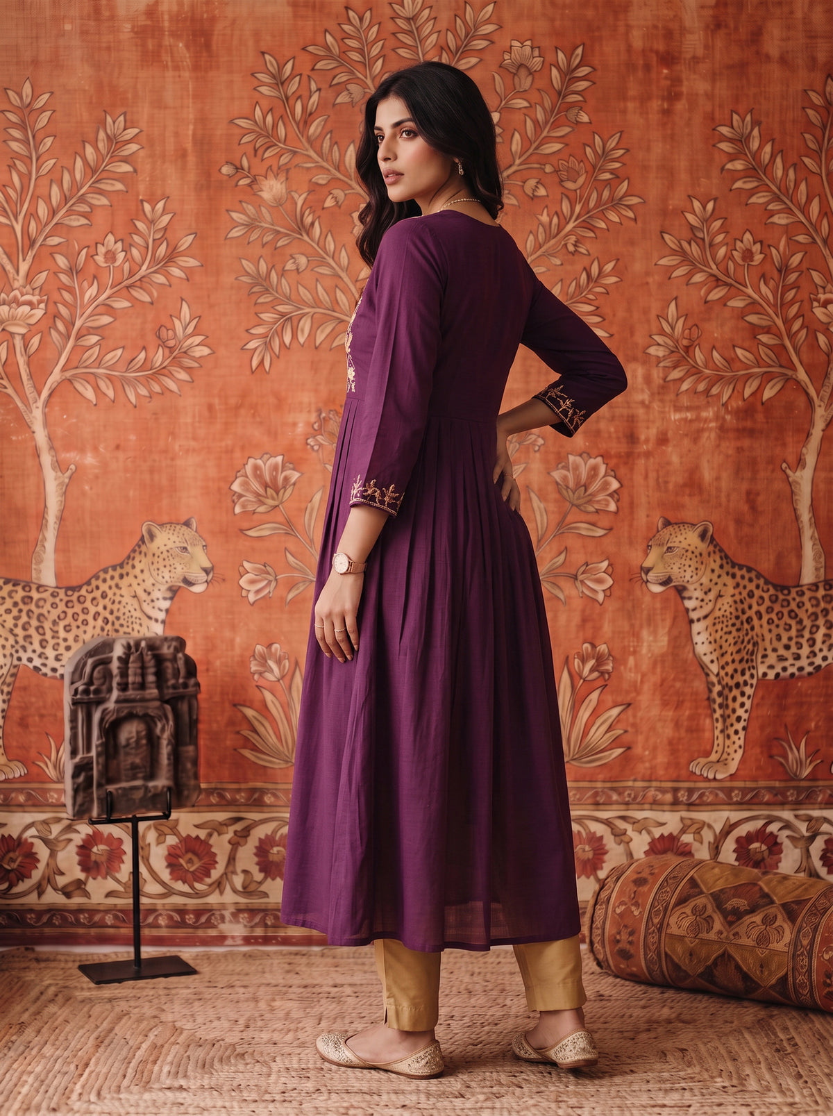 Buy Viscose Embroidered Flared Calf Length Kurta-Wine
