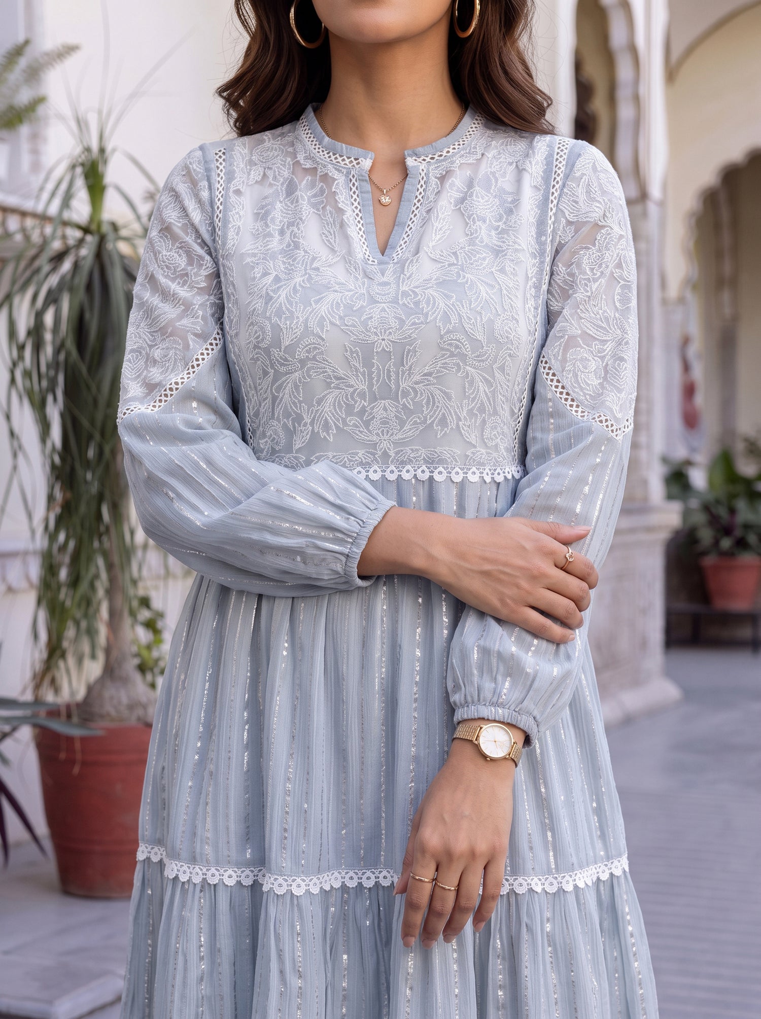 Buy Chanderi Embroidered Flared Calf Length Dress-Light Blue