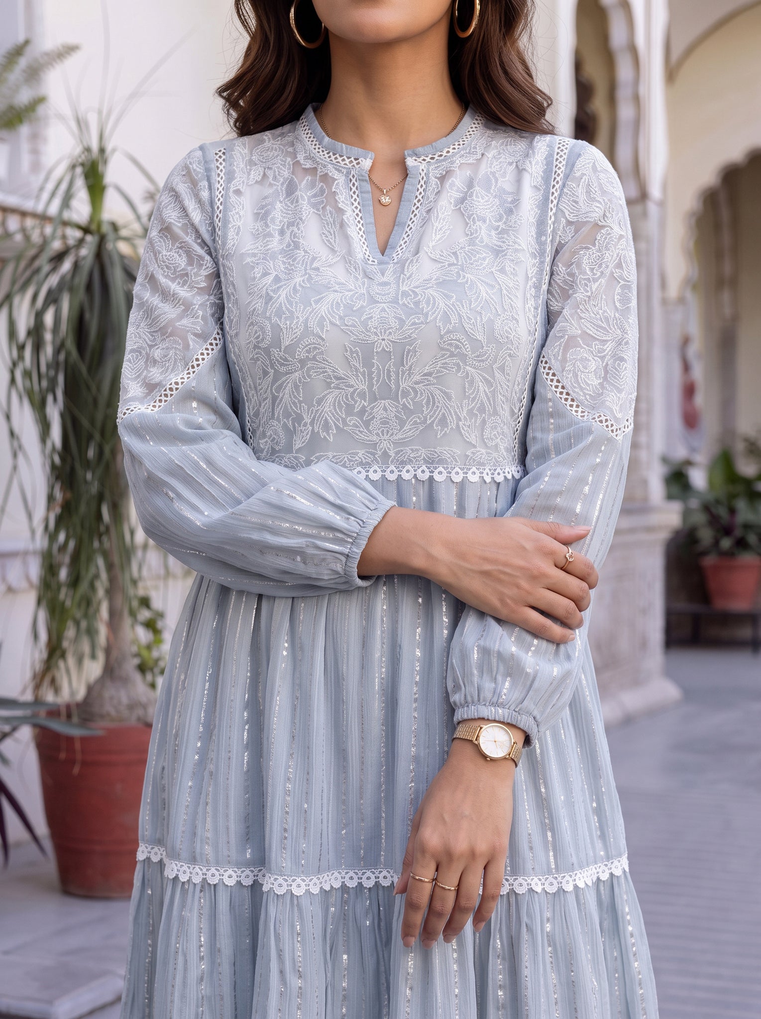 Chanderi Embroidered Flared Calf Length Dress