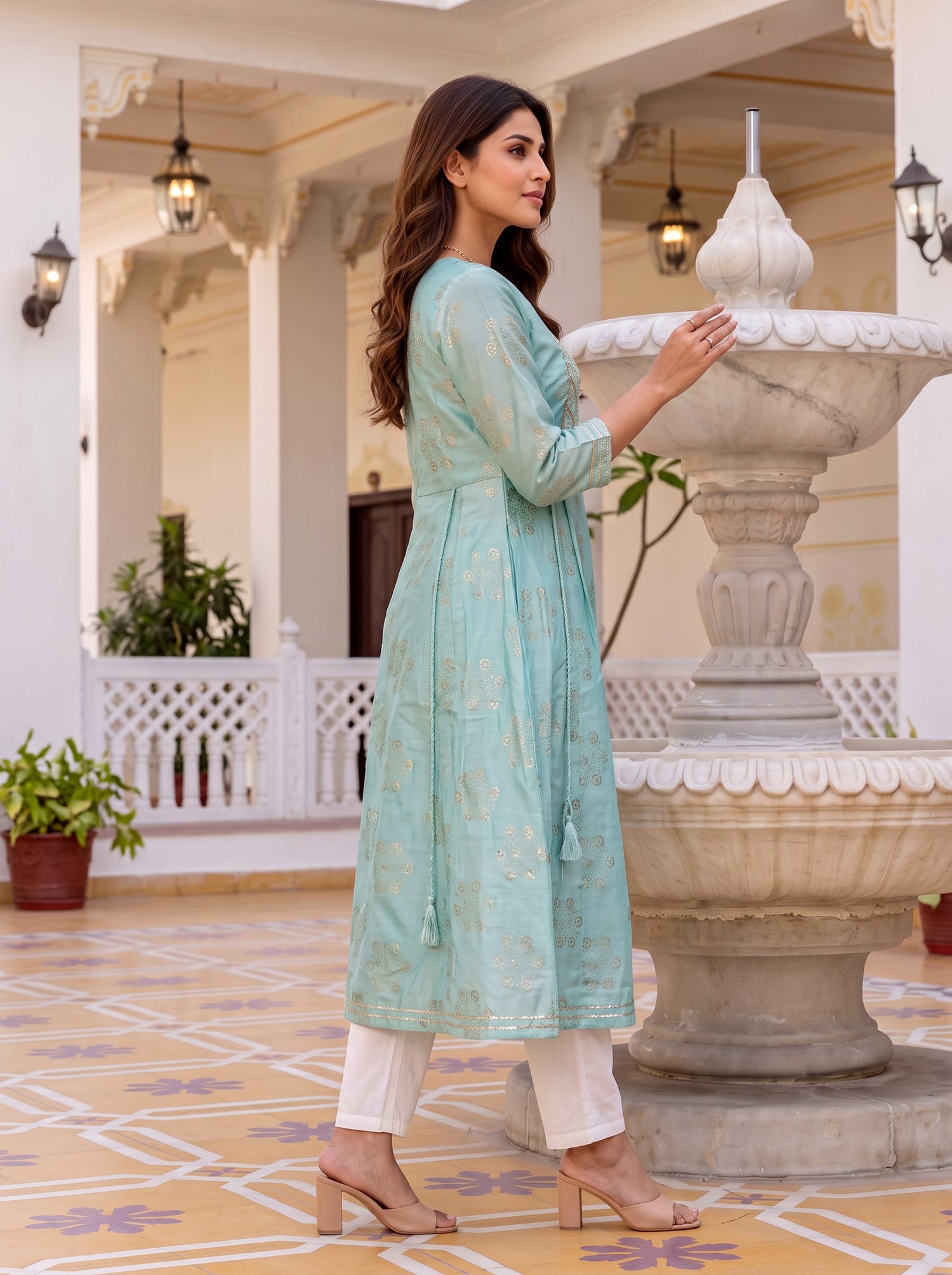 Buy Viscose Embroidered Anarkali Calf Length Kurta-Turquoise