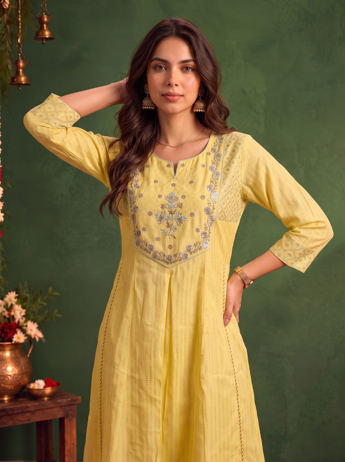 Buy Viscose Embroidered Flared Calf Length Kurta-Yellow