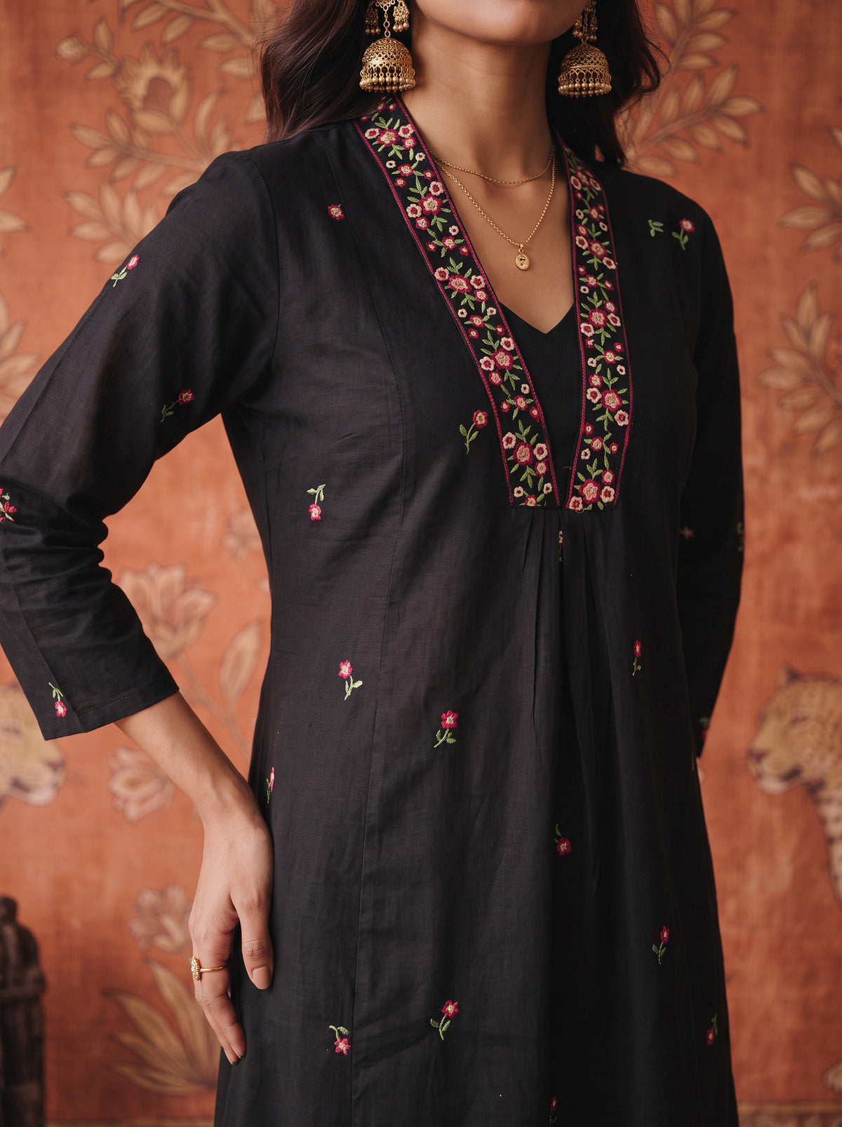 Cotton Embroidered Flared Calf Length Kurta