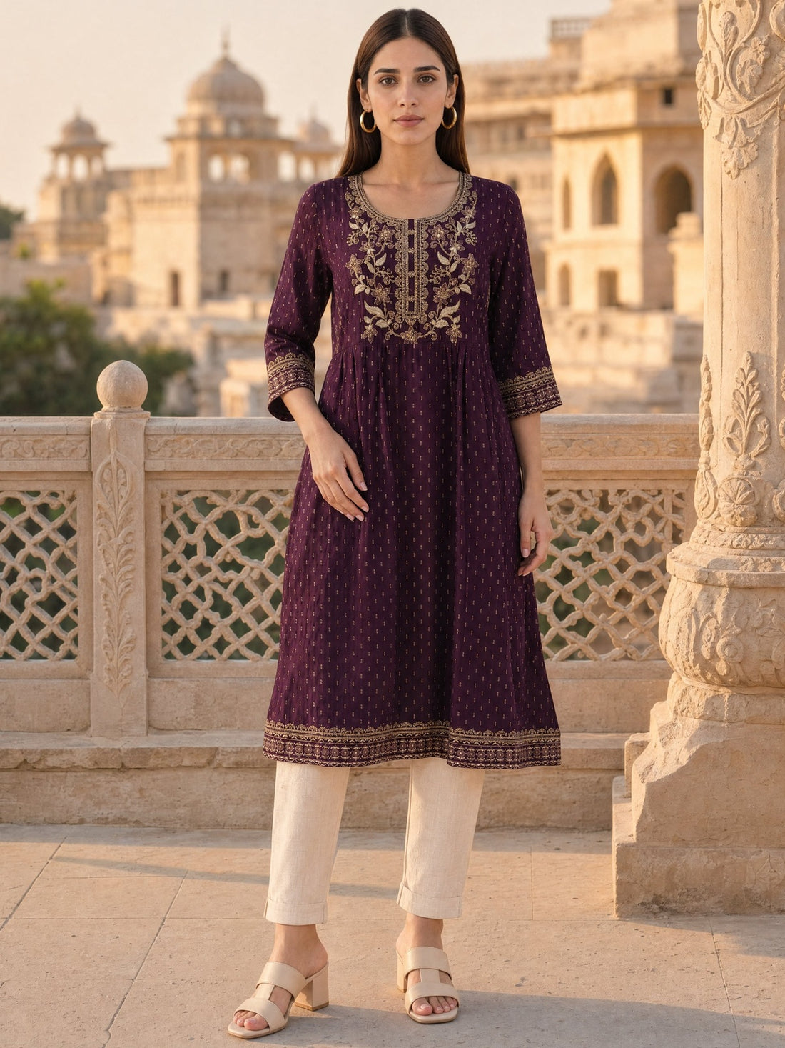 Buy Rayon Embroidered Anarkali Calf Length Kurta-Wine
