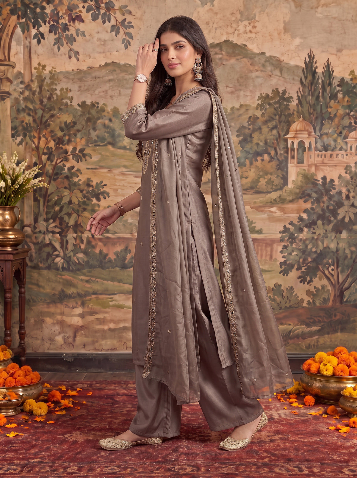 Buy Viscose Embroidered Straight Calf Length Kurta With Pant and Dupatta-Grey