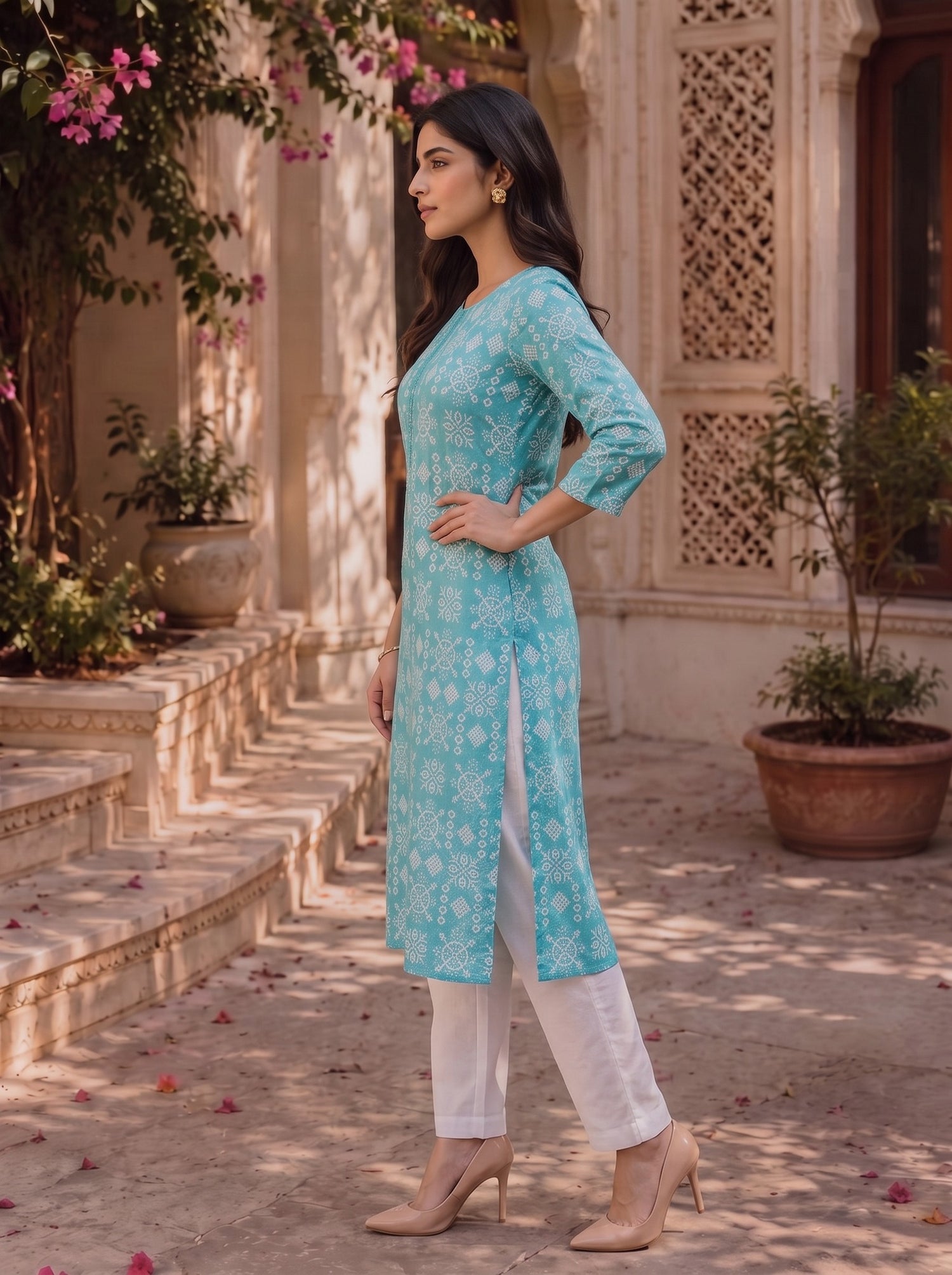 Buy Cotton Embroidered Straight Knee Length Kurta-Light Blue
