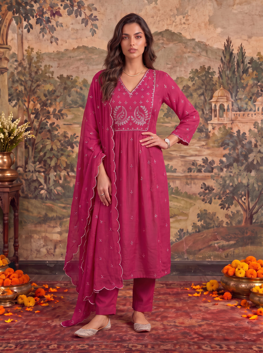 Buy Cotton Embroidered Flared Calf Length Kurta With Pant and Dupatta-Fuchsia