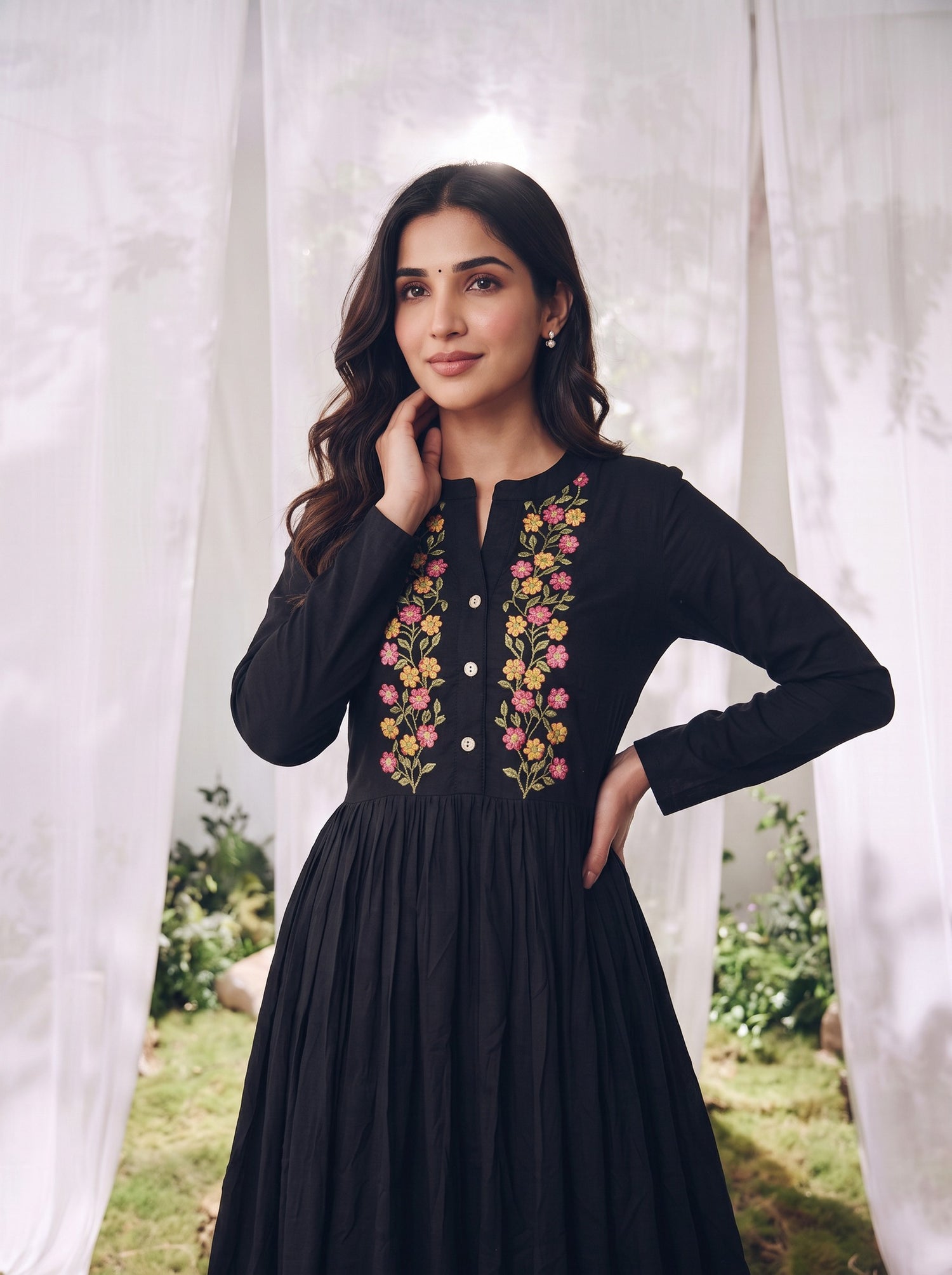 Buy Rayon Embroidered Straight Calf Length Dress-Black