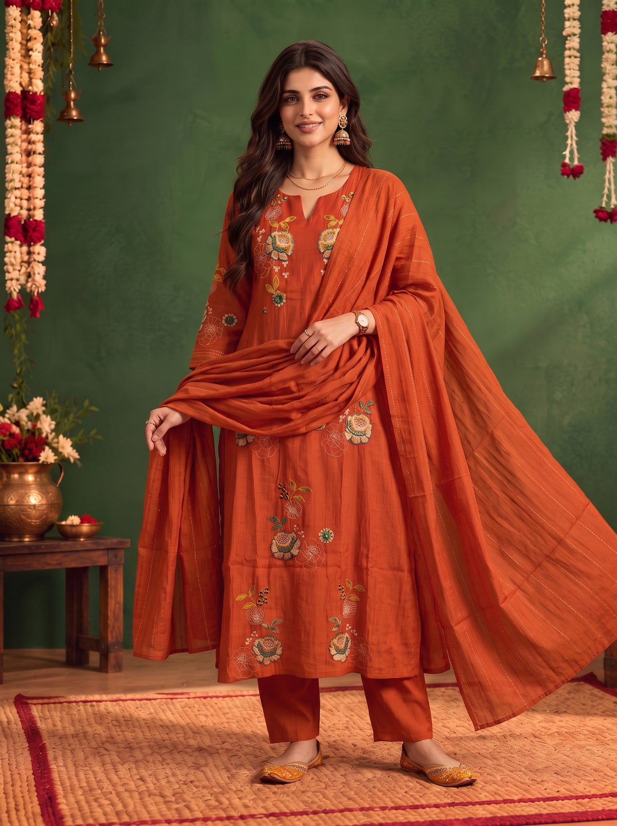 Viscose Embroidered A-Line Calf Length Kurta With Pant and Dupatta