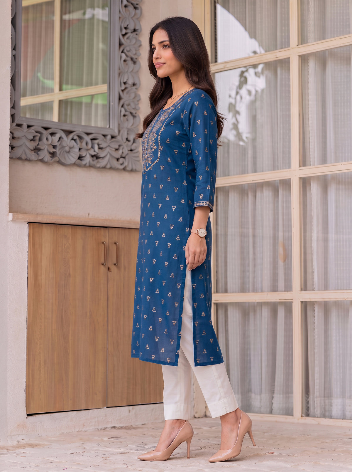 Buy Viscose Embroidered Straight Calf Length Kurta-Blue