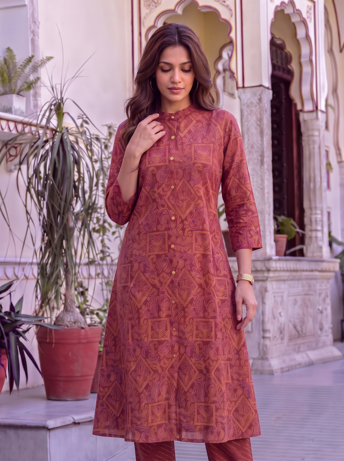 Viscose Printed A-Line Calf Length Kurta With Pant
