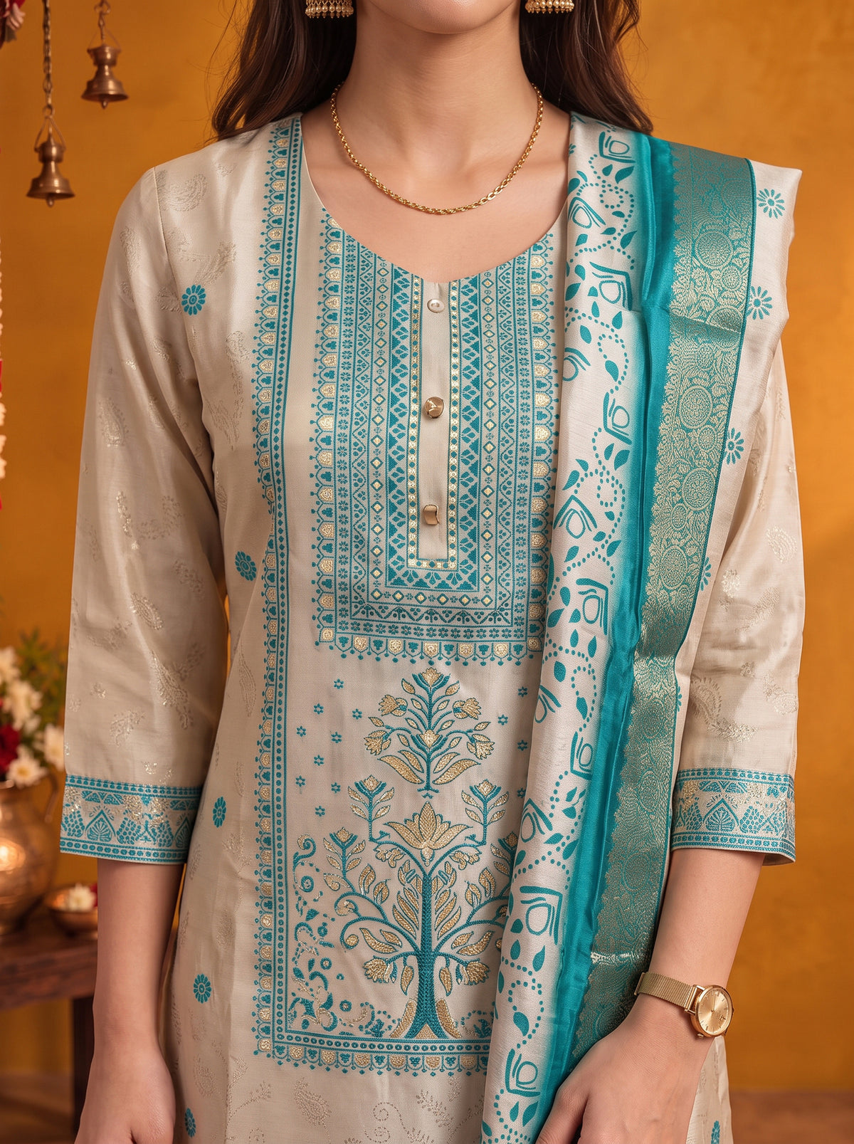 Jacquard Self Design Straight Calf Length Kurta With Pant and Dupatta