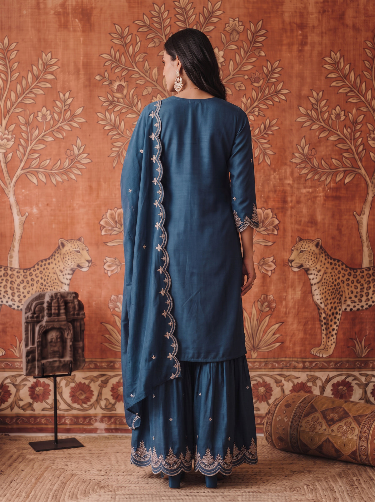 Buy Viscose Embroidered Straight Knee Length Kurta With Pant and Dupatta-Blue