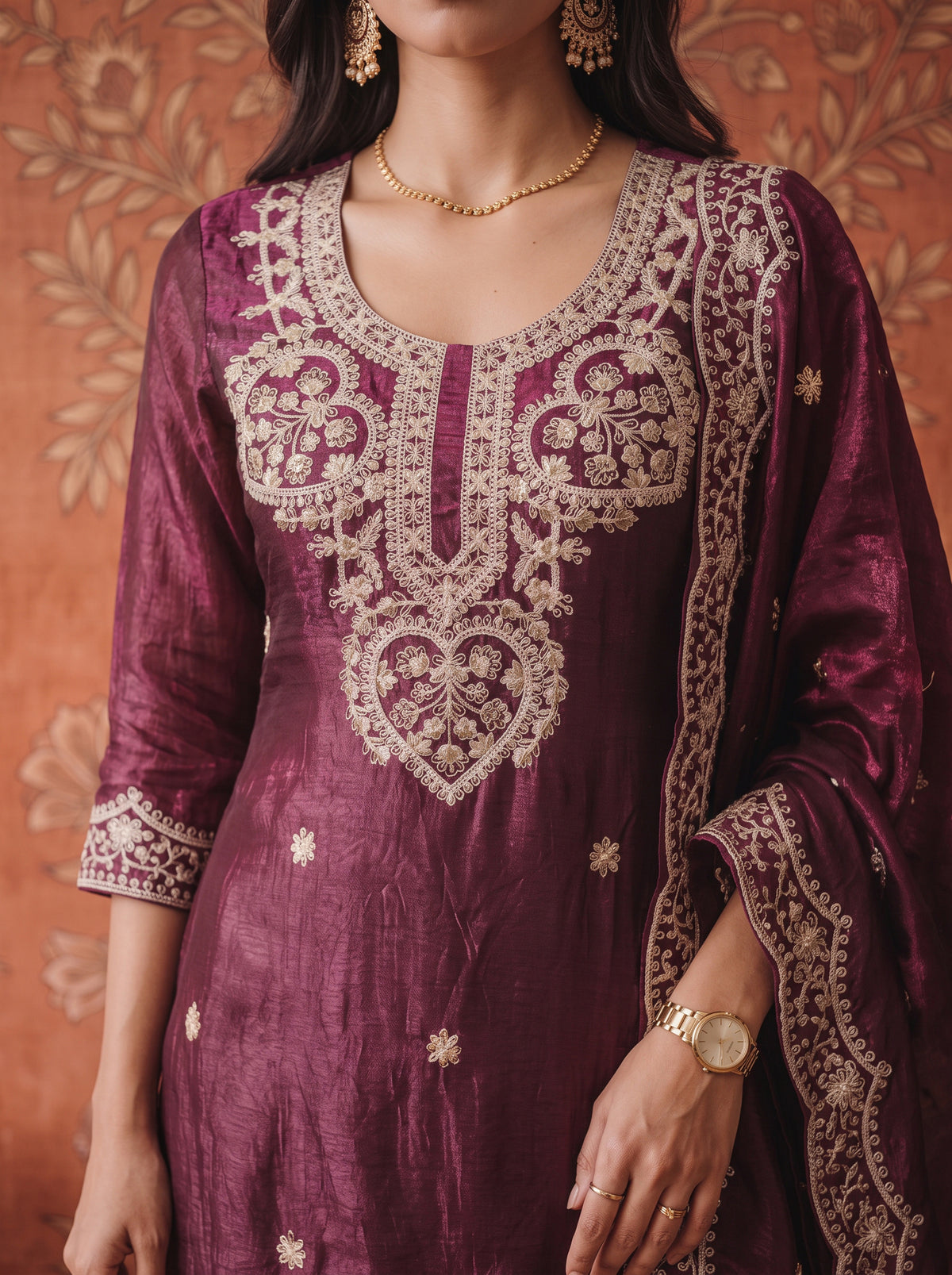 Buy Viscose Embroidered Straight Knee Length Kurta With Pant and Dupatta-Wine