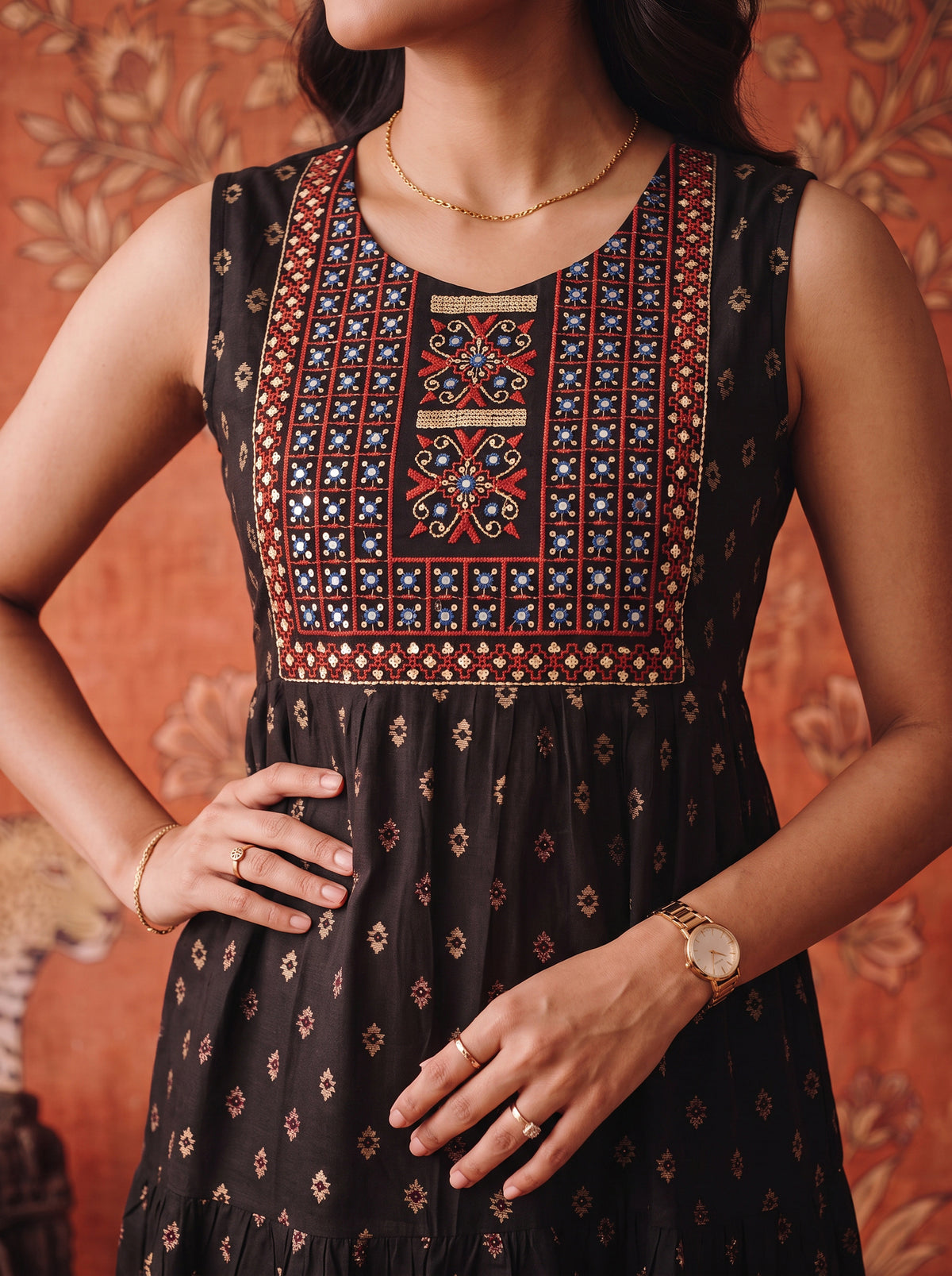 Rayon Embroidered Flared Calf Length Dress
