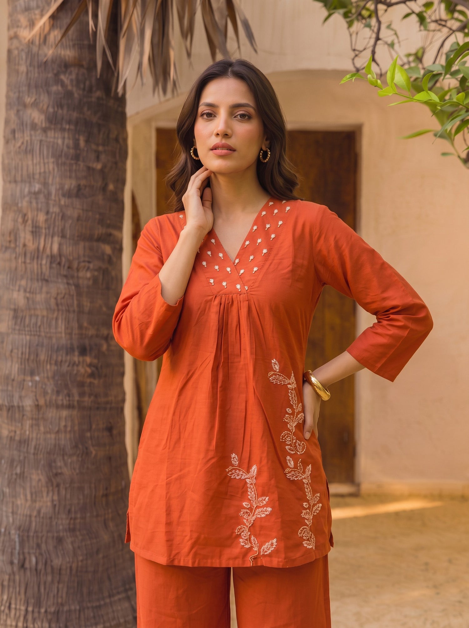 Buy Cotton Embroidered Straight Co-Ord Set-Rust
