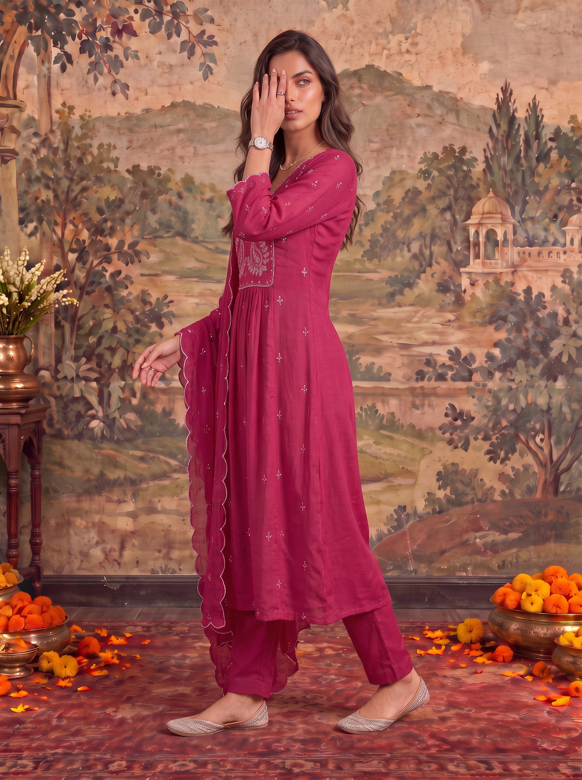 Cotton Embroidered Flared Calf Length Kurta With Pant and Dupatta