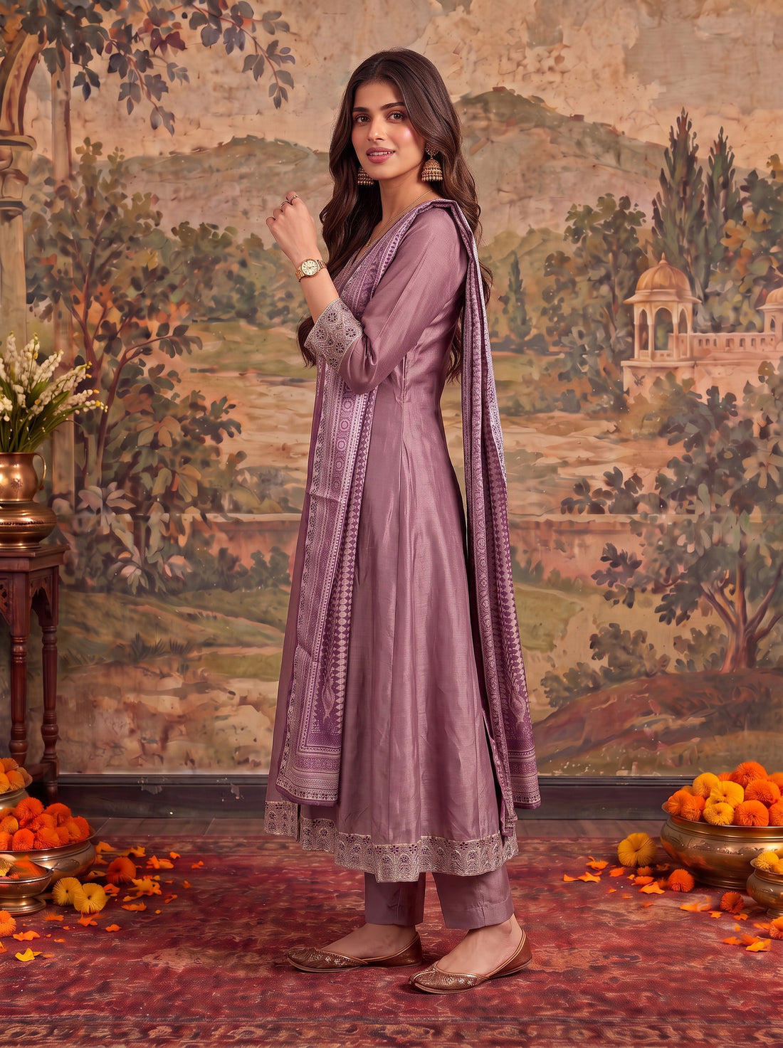 Buy Viscose Embroidered Flared Calf Length Kurta With Pant and Dupatta-Lavender