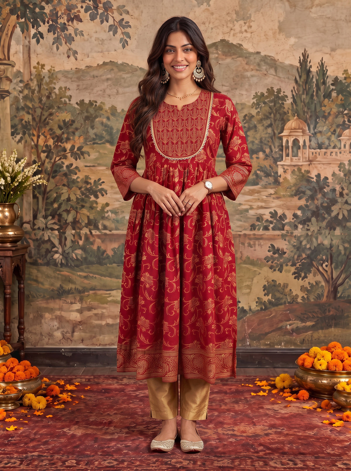 Rayon Printed Flared Calf Length Kurta