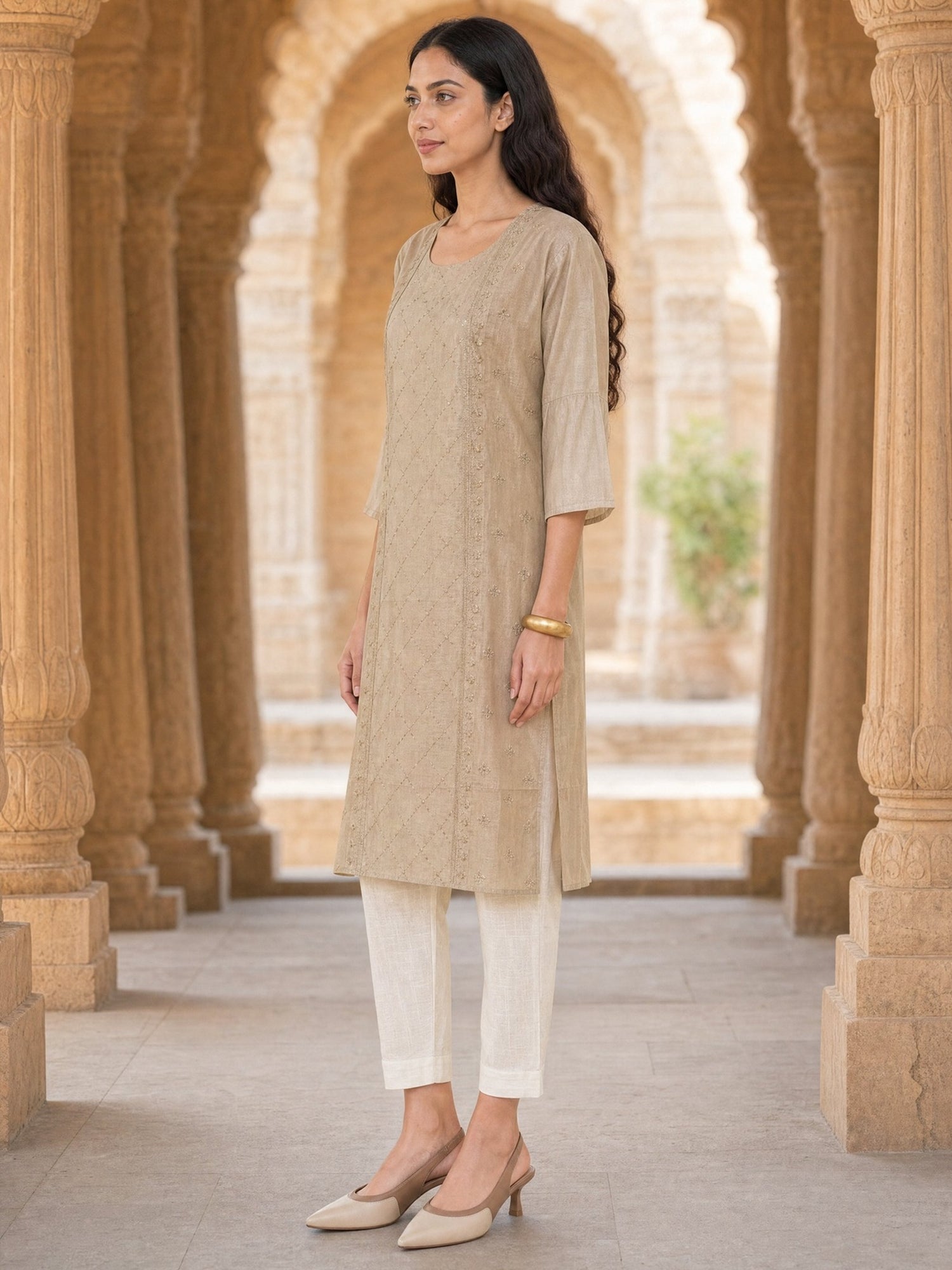 Buy Chanderi Embroidered Straight Calf Length Kurta-Beige