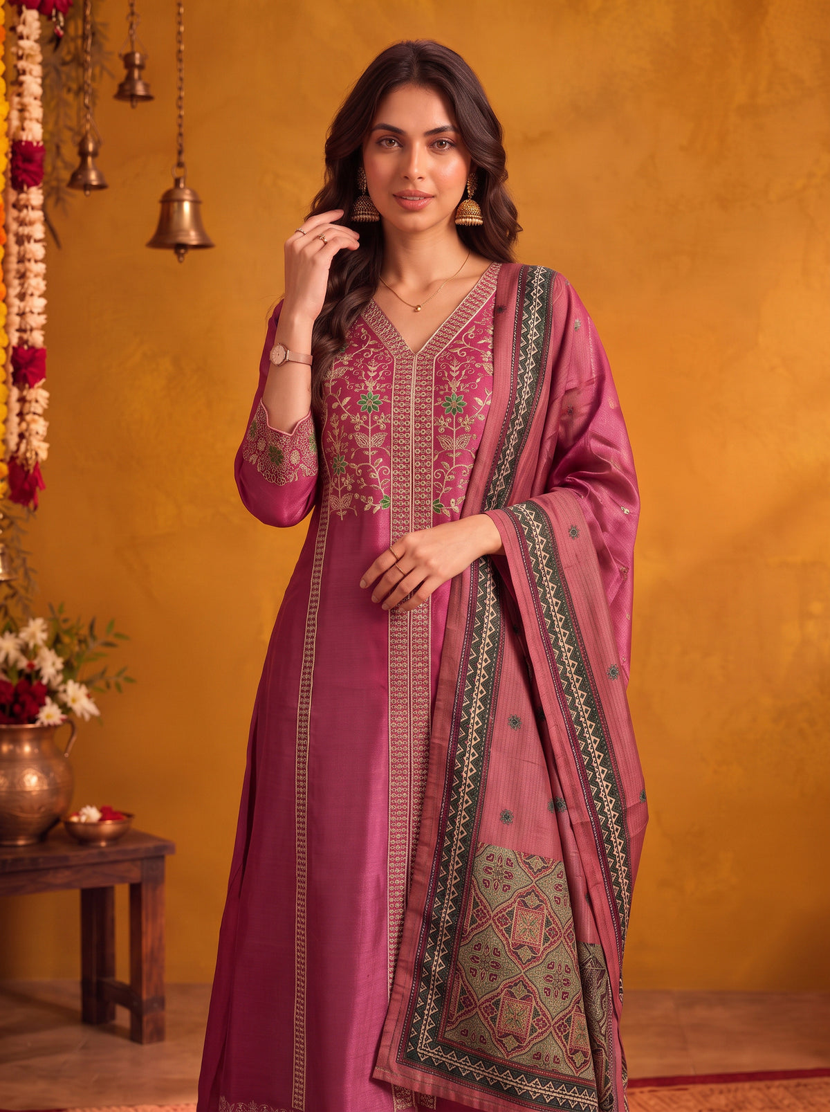 Viscose Embroidered Flared Calf Length Kurta With Pant and Dupatta