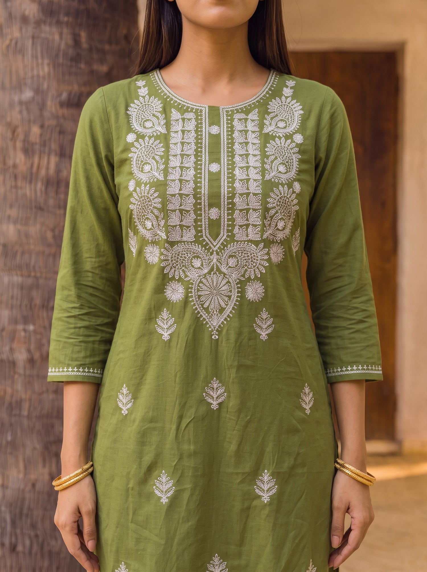 Buy Rayon Embroidered Straight Knee Length Kurta-Olive