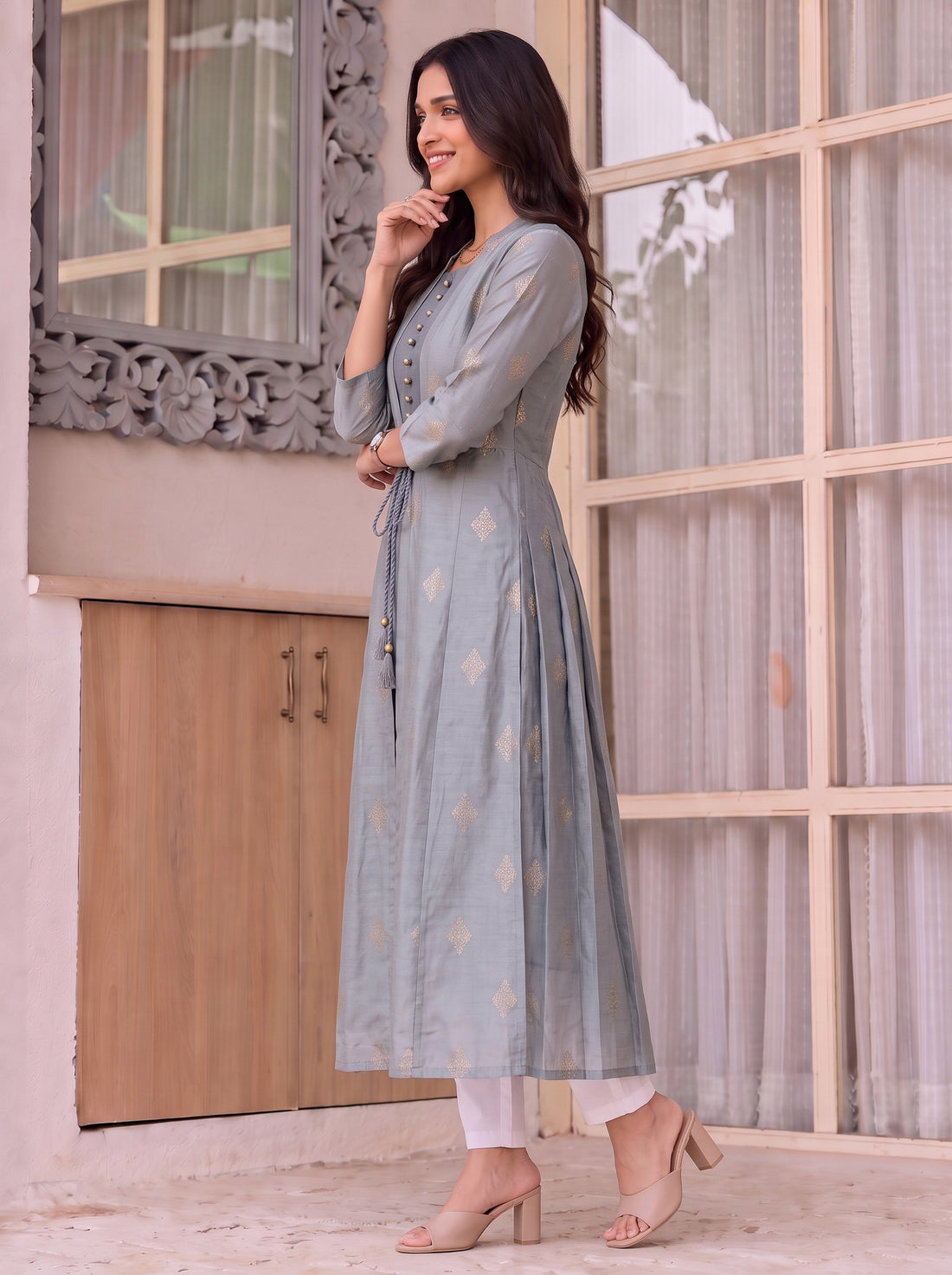 Buy Viscose Printed Flared Calf Length Kurta-Blue