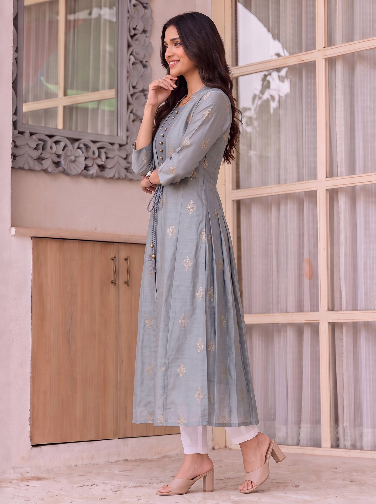 Buy Viscose Printed Flared Calf Length Kurta-Blue
