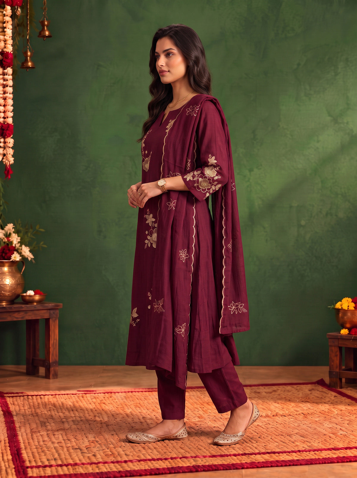 Buy Viscose Embroidered A-Line Calf Length Kurta With Pant and Dupatta-Maroon