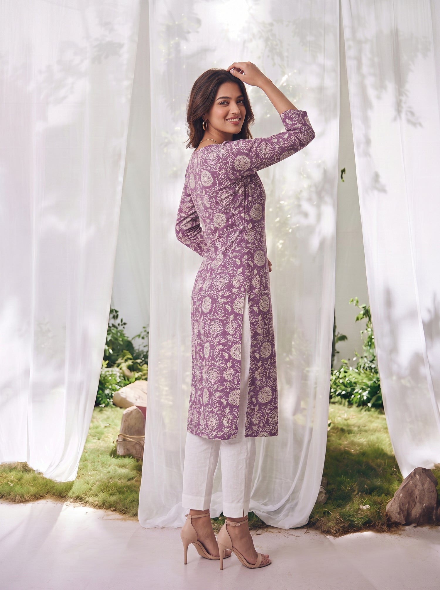 Buy Cotton Printed Straight Calf Length Kurta-Purple