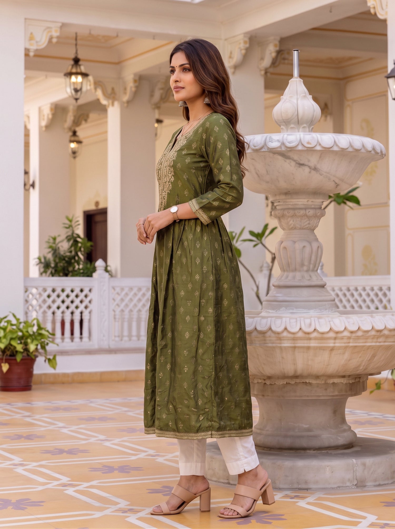 Buy Viscose Embroidered Flared Calf Length Kurta-olive