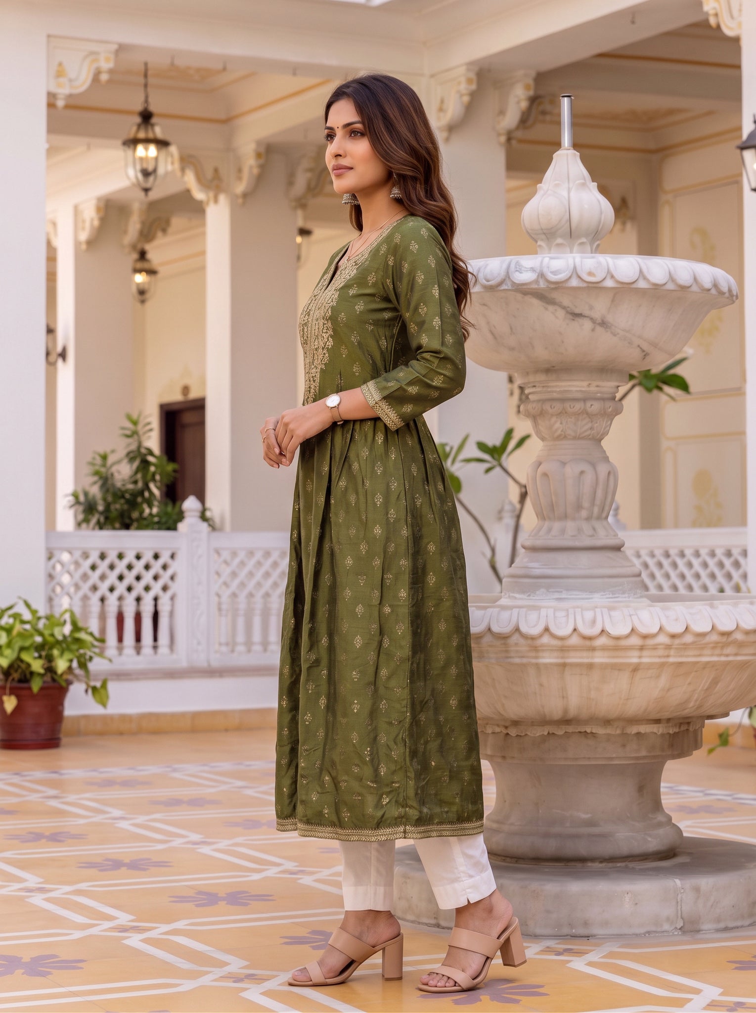 Viscose Embroidered Flared Calf Length Kurta