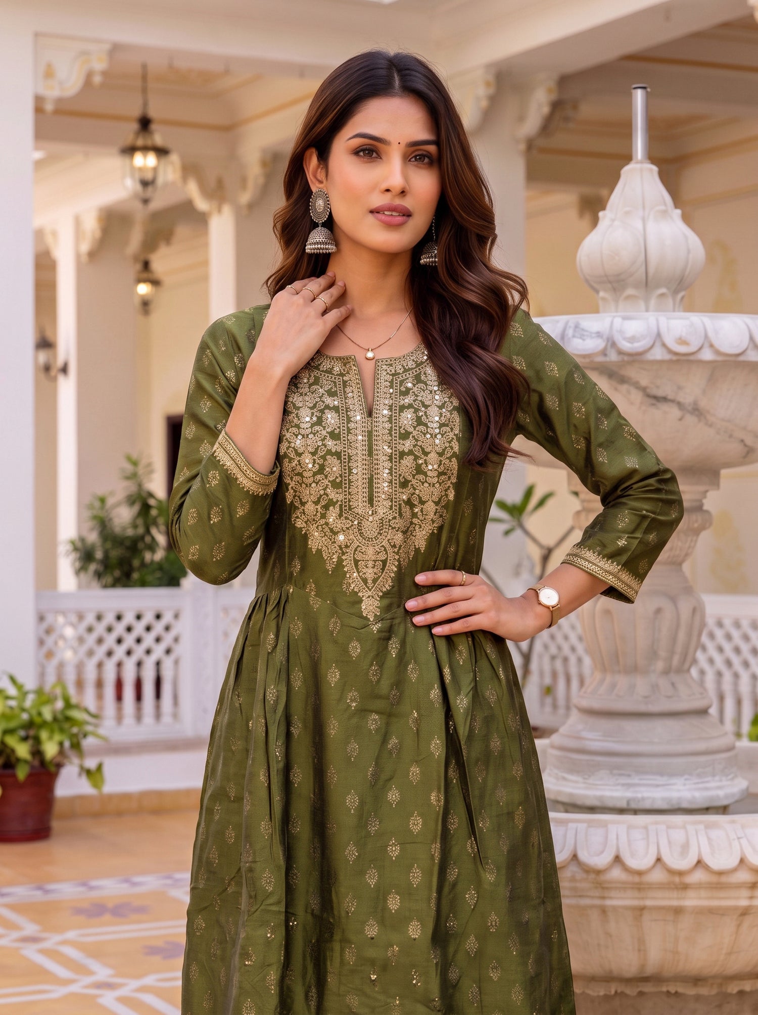 Buy Viscose Embroidered Flared Calf Length Kurta-olive