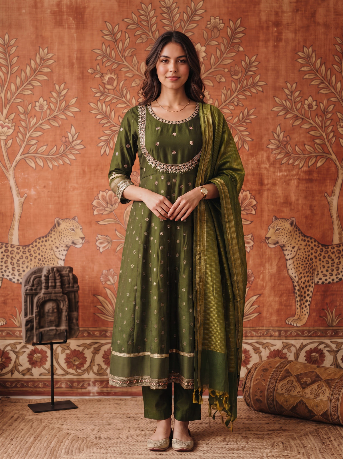 Buy Viscose Embroidered Flared Calf Length Kurta With Pant and Dupatta-Olive Green