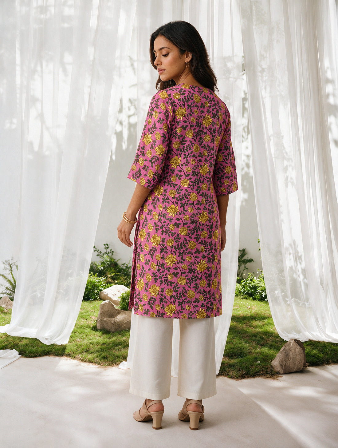 Buy Rayon Printed Straight Knee Length Kurta-Pink