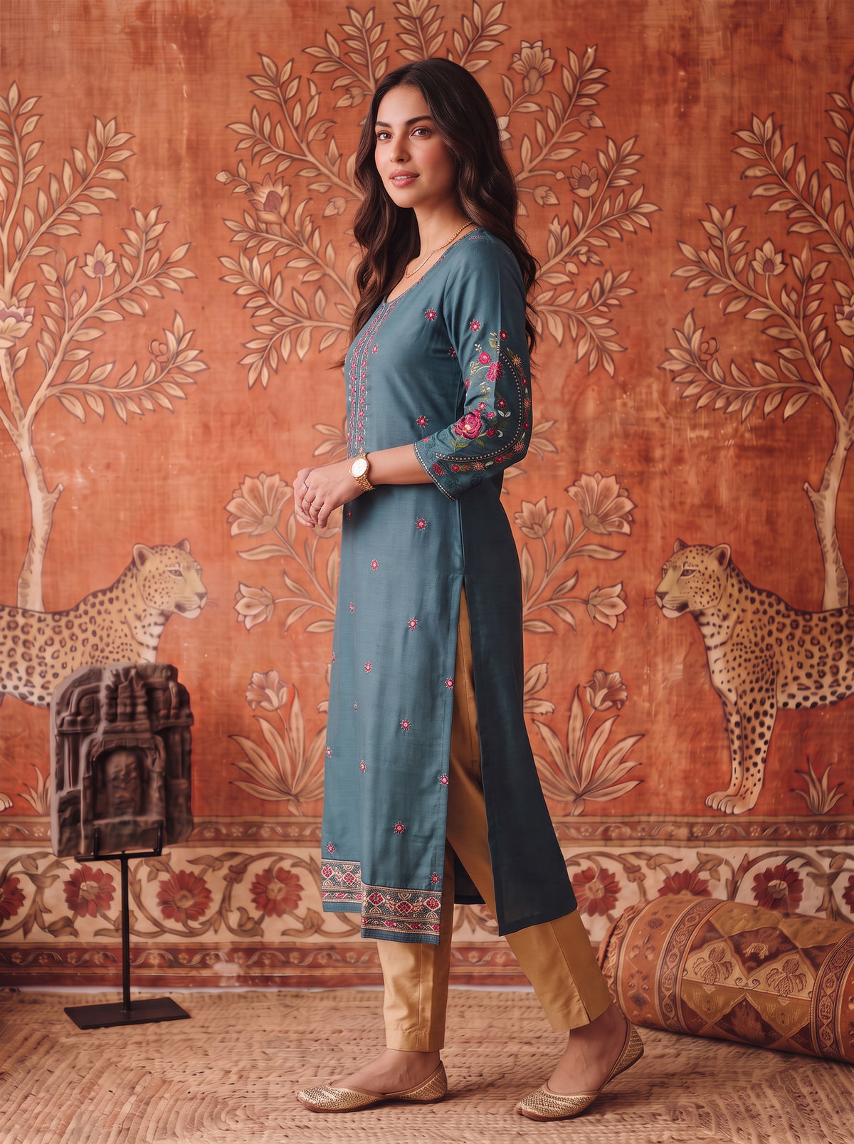 Buy Viscose Embroidered Straight Calf Length Kurta-Teal