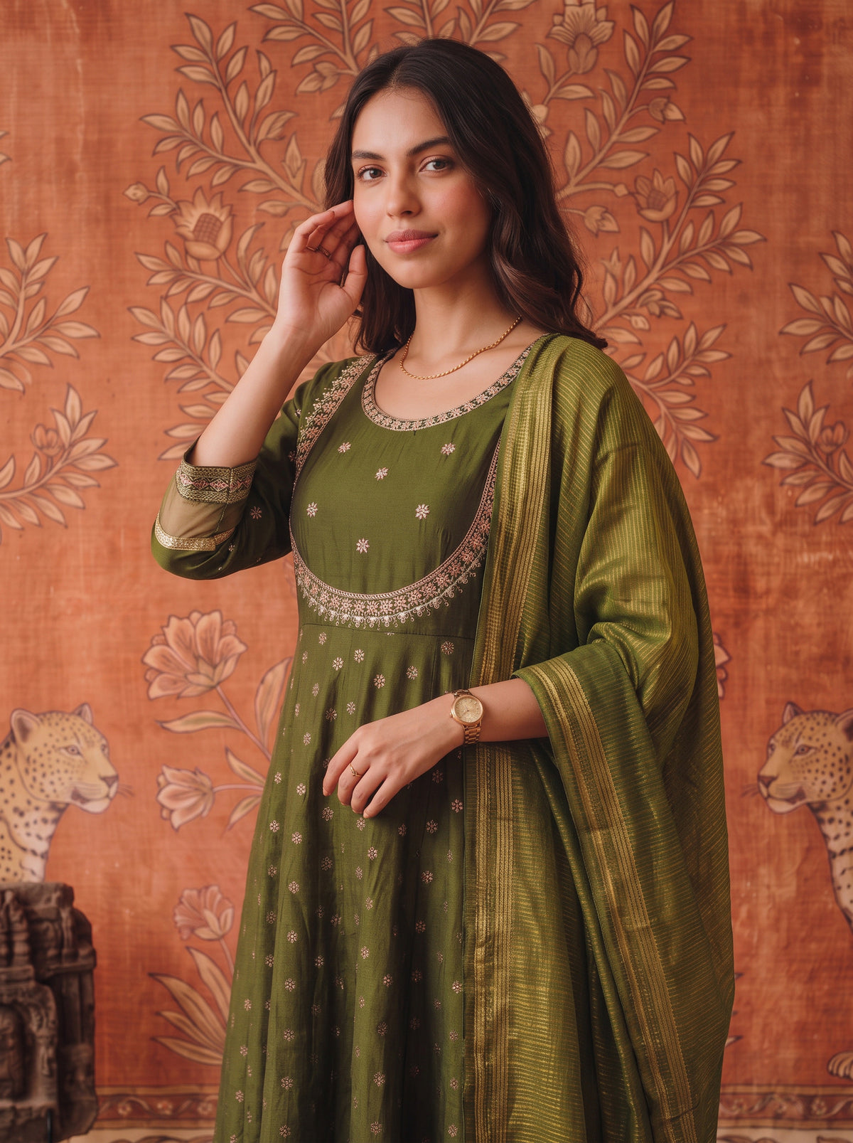Viscose Embroidered Flared Calf Length Kurta With Pant and Dupatta