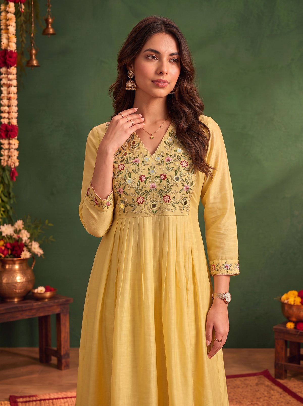 Buy Viscose Embroidered Flared Calf Length Kurta-Yellow