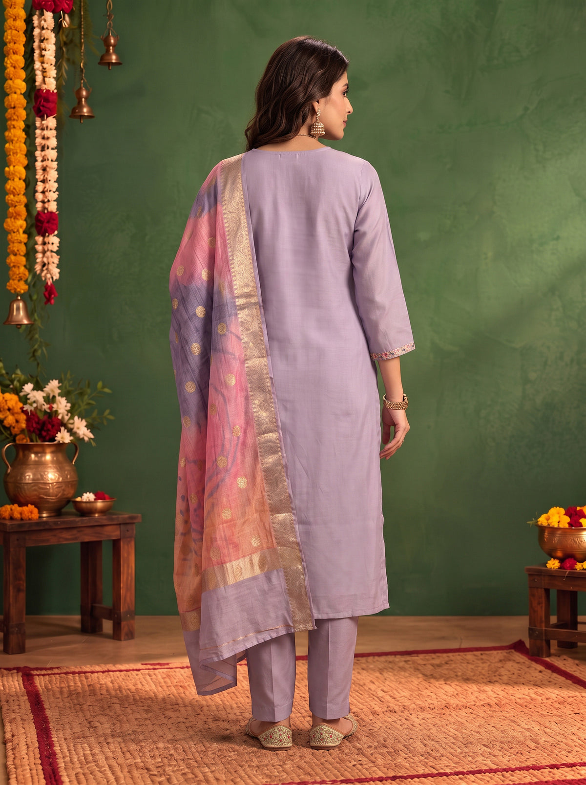 Buy Viscose Embroidered Straight Calf Length Kurta With Pant and Dupatta-Lavender