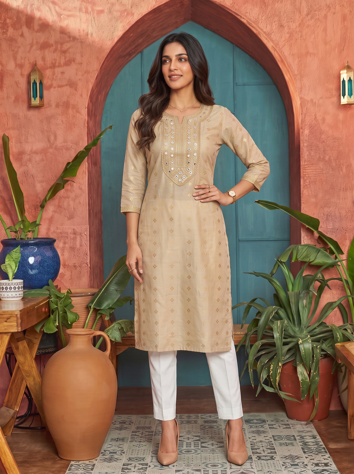 Buy Viscose Embroidered Straight Calf Length Kurta-Beige