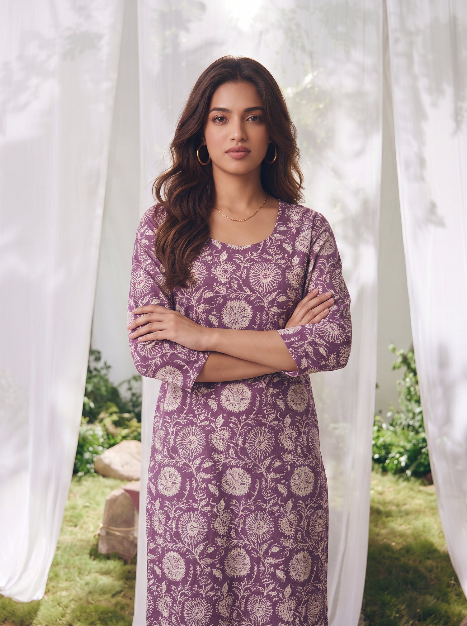 Buy Cotton Printed Straight Calf Length Kurta-Purple